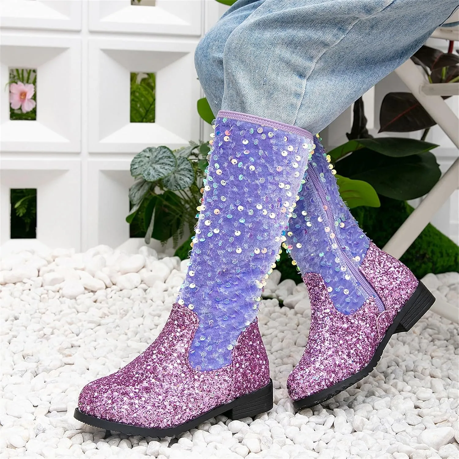 Girls Kids hinestone Mid Calf Riding Boots Sequin Fleece Plush Chunky Comfort Warm Lined Outdoor Casual Shoes