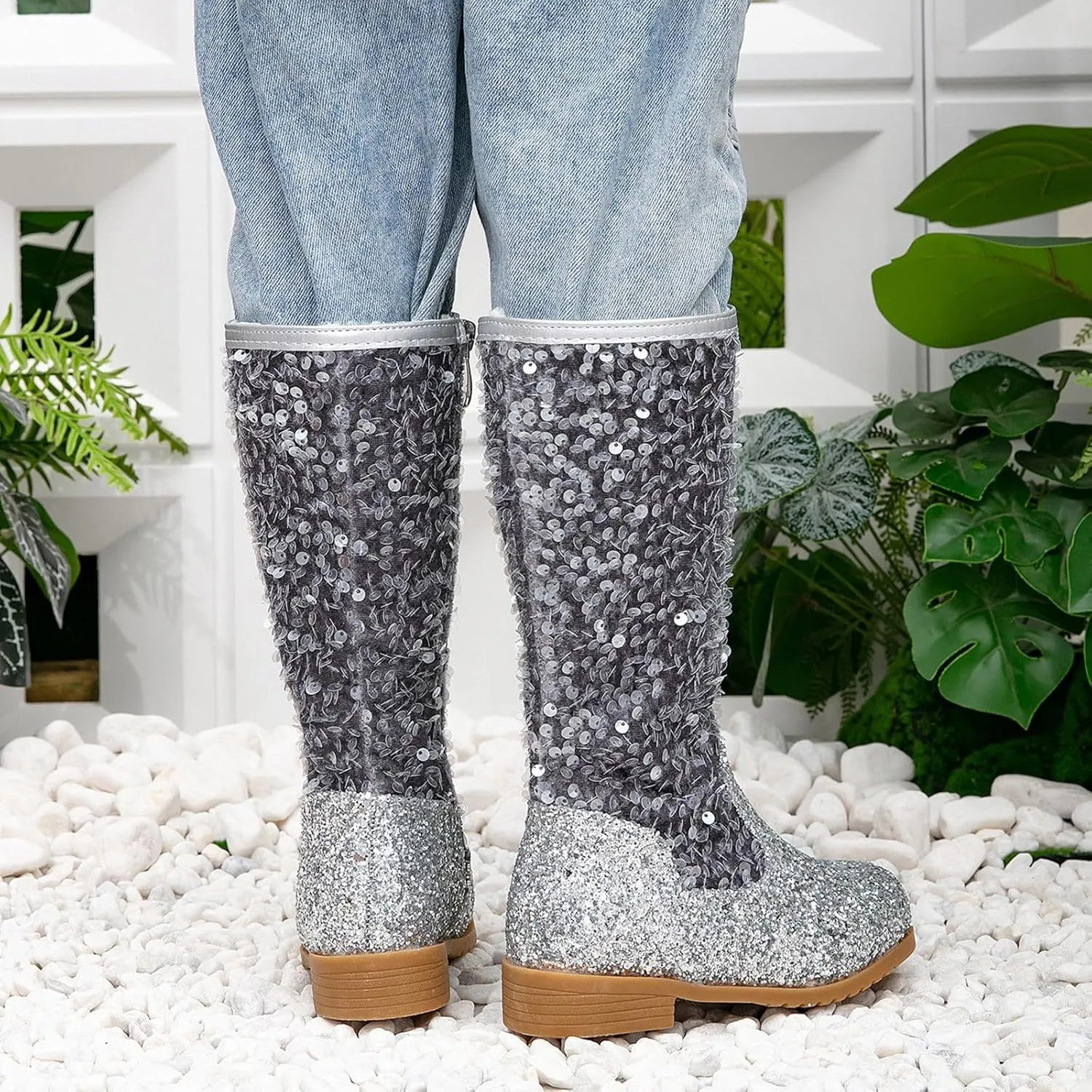 Girls Kids hinestone Mid Calf Riding Boots Sequin Fleece Plush Chunky Comfort Warm Lined Outdoor Casual Shoes