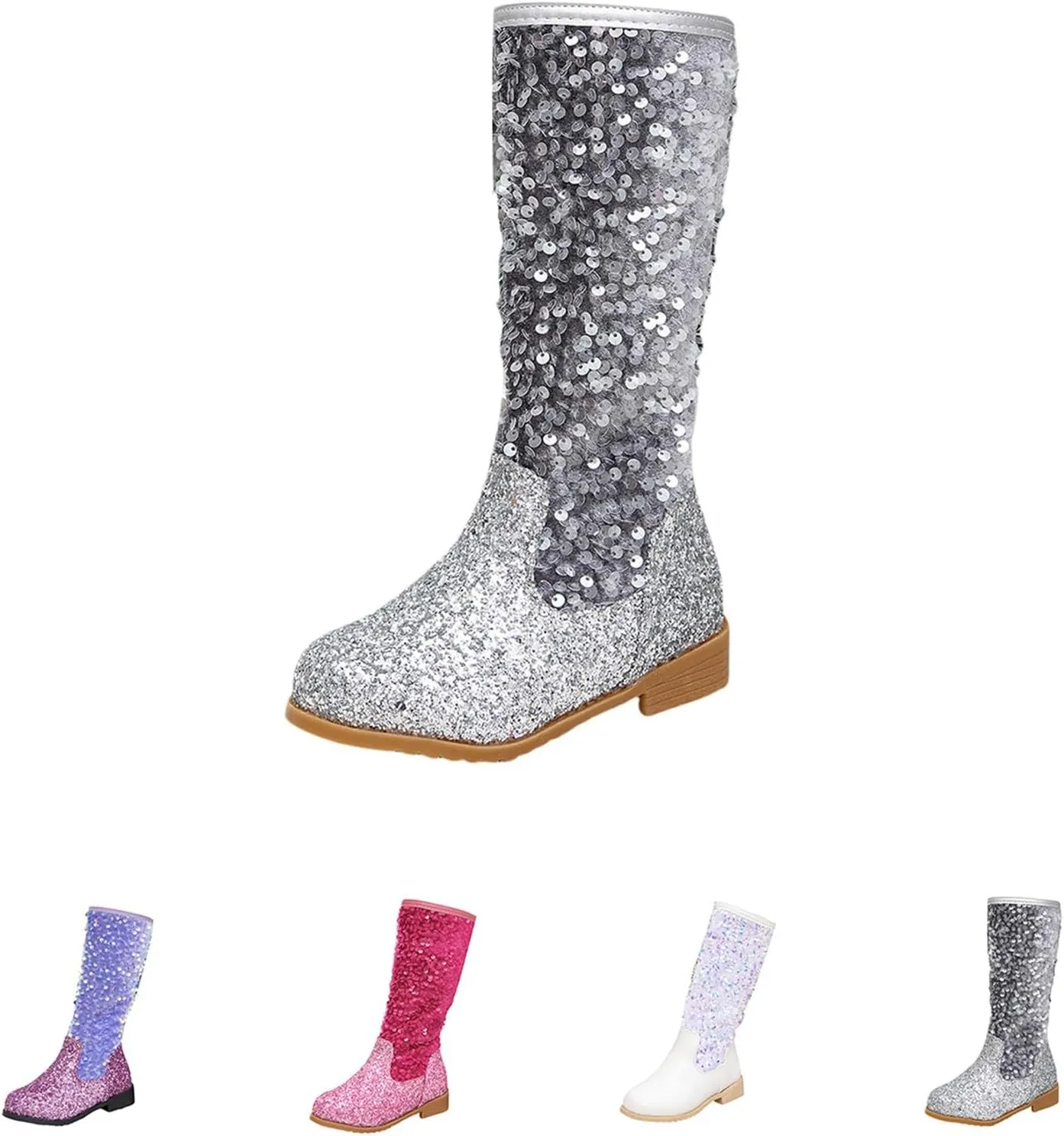 Girls Kids hinestone Mid Calf Riding Boots Sequin Fleece Plush Chunky Comfort Warm Lined Outdoor Casual Shoes