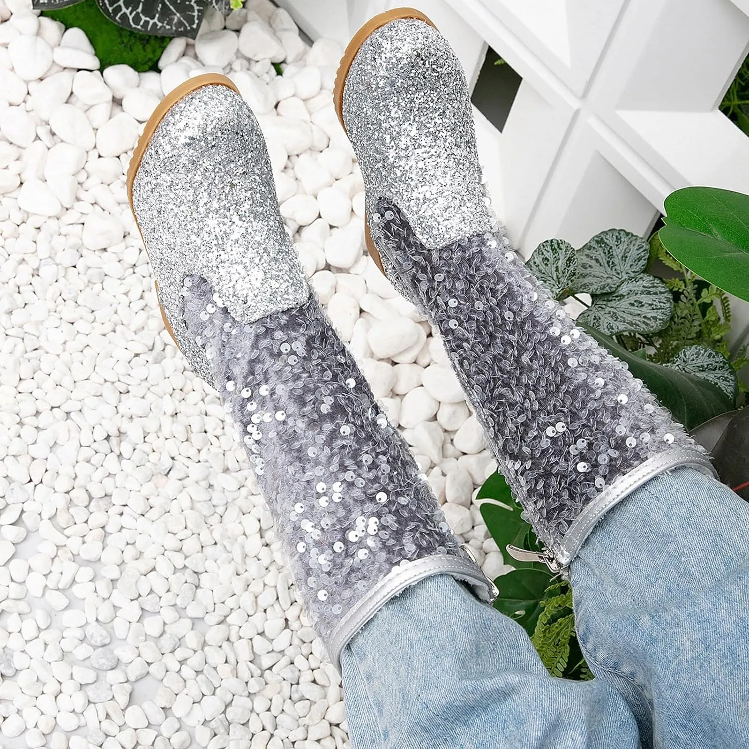 Girls Kids hinestone Mid Calf Riding Boots Sequin Fleece Plush Chunky Comfort Warm Lined Outdoor Casual Shoes