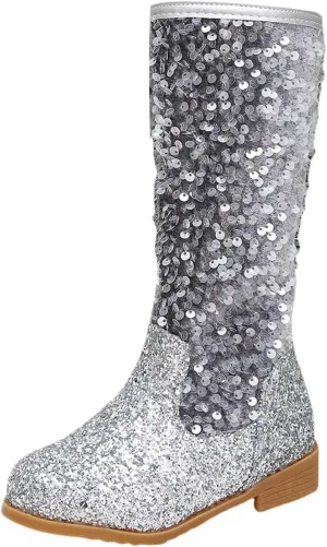 Girls Kids hinestone Mid Calf Riding Boots Sequin Fleece Plush Chunky Comfort Warm Lined Outdoor Casual Shoes