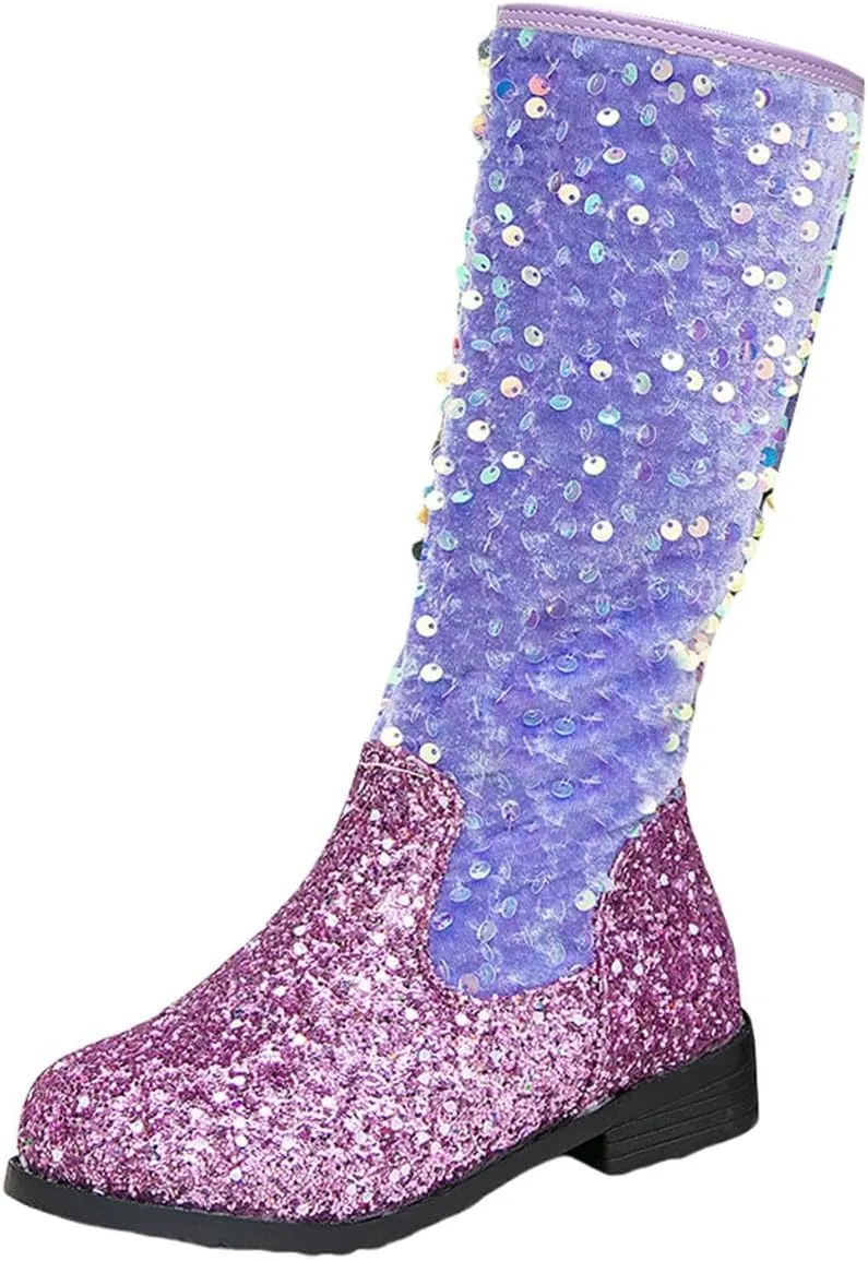 Girls Kids hinestone Mid Calf Riding Boots Sequin Fleece Plush Chunky Comfort Warm Lined Outdoor Casual Shoes
