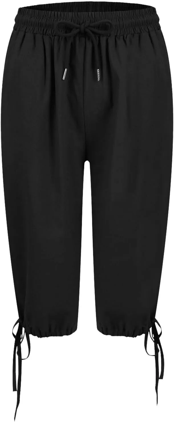 GOFULY Bermuda Shorts for Women Knee Length Cotton Linen Elastic Waist Drawstring Shorts Summer Capris Pants with Pockets