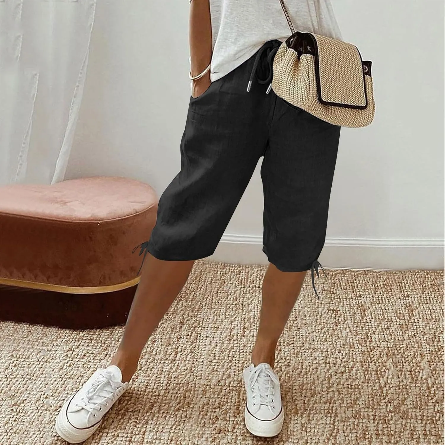 GOFULY Bermuda Shorts for Women Knee Length Cotton Linen Elastic Waist Drawstring Shorts Summer Capris Pants with Pockets