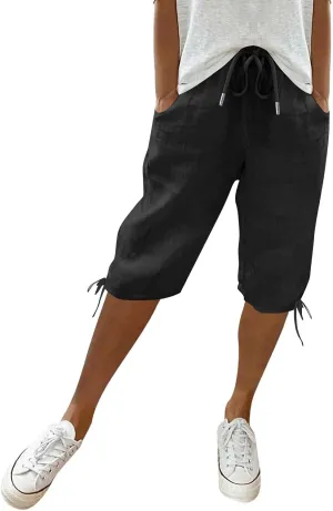 GOFULY Bermuda Shorts for Women Knee Length Cotton Linen Elastic Waist Drawstring Shorts Summer Capris Pants with Pockets