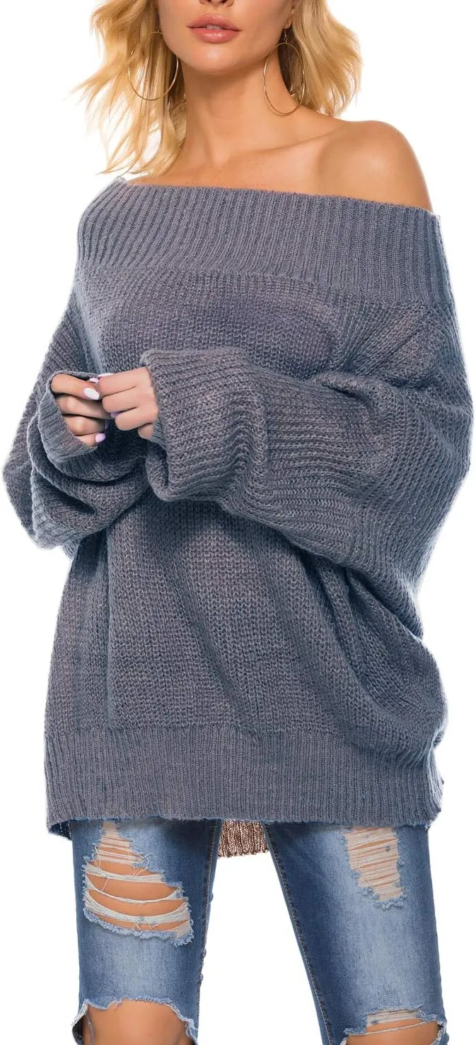 GOLDSTITCH Women's Off Shoulder Batwing Sleeve Loose Oversized Pullover Sweater Knit Jumper
