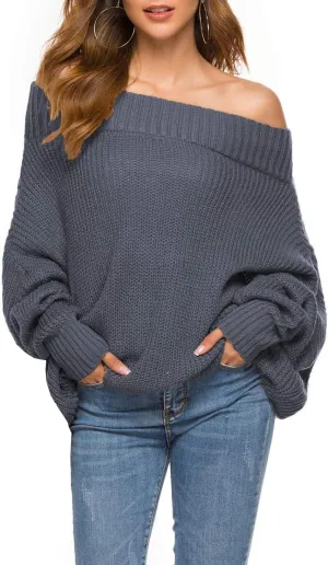 GOLDSTITCH Women's Off Shoulder Batwing Sleeve Loose Oversized Pullover Sweater Knit Jumper