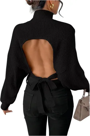 GORGLITTER Women's Bow Sweater Open Tie Back Long Sleeve Mock Neck Backless Pullover Top Fall Fashion 2024