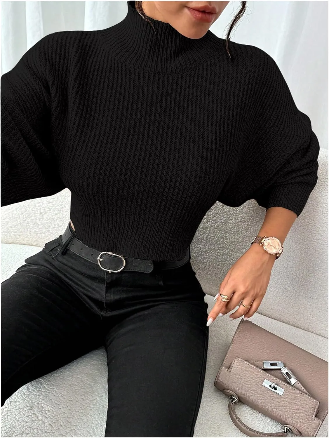 GORGLITTER Women's Bow Sweater Open Tie Back Long Sleeve Mock Neck Backless Pullover Top Fall Fashion 2024