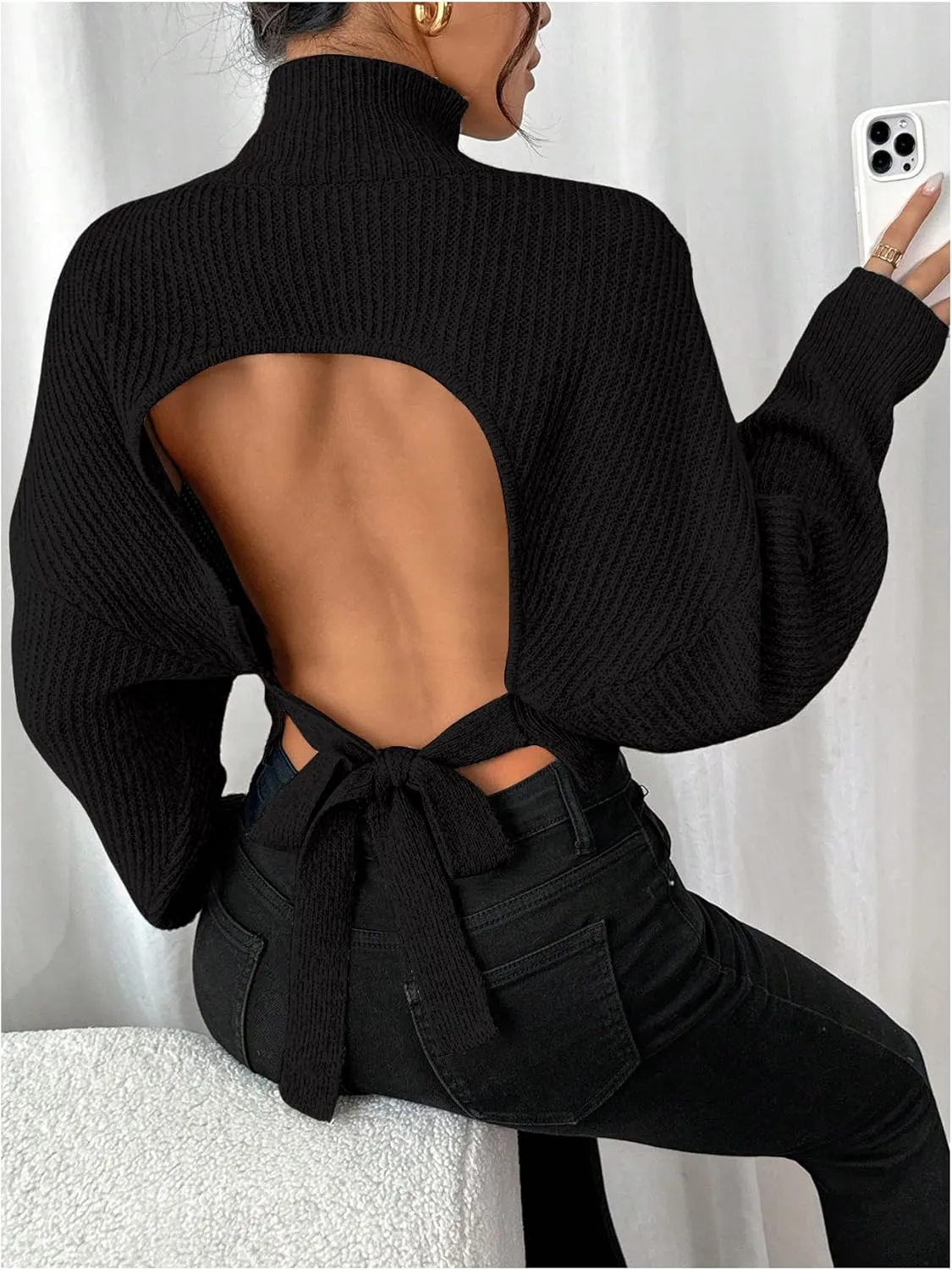 GORGLITTER Women's Bow Sweater Open Tie Back Long Sleeve Mock Neck Backless Pullover Top Fall Fashion 2024