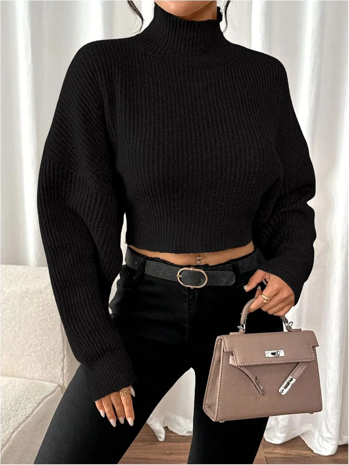 GORGLITTER Women's Bow Sweater Open Tie Back Long Sleeve Mock Neck Backless Pullover Top Fall Fashion 2024