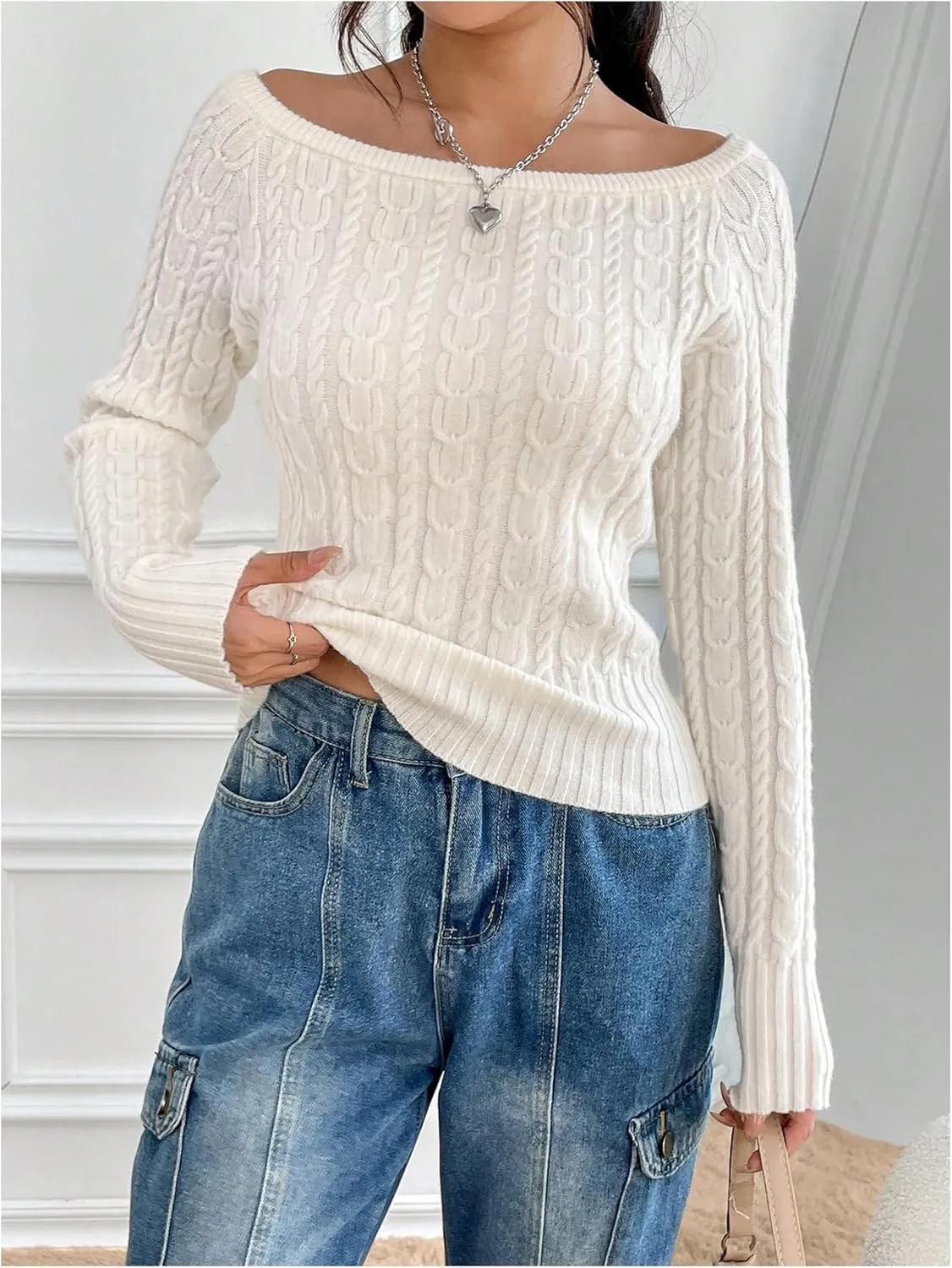 GORGLITTER Women's Off The Shoulder Cable Knit Sweater Long Sleeve Knitted Sweater Pullover Tops