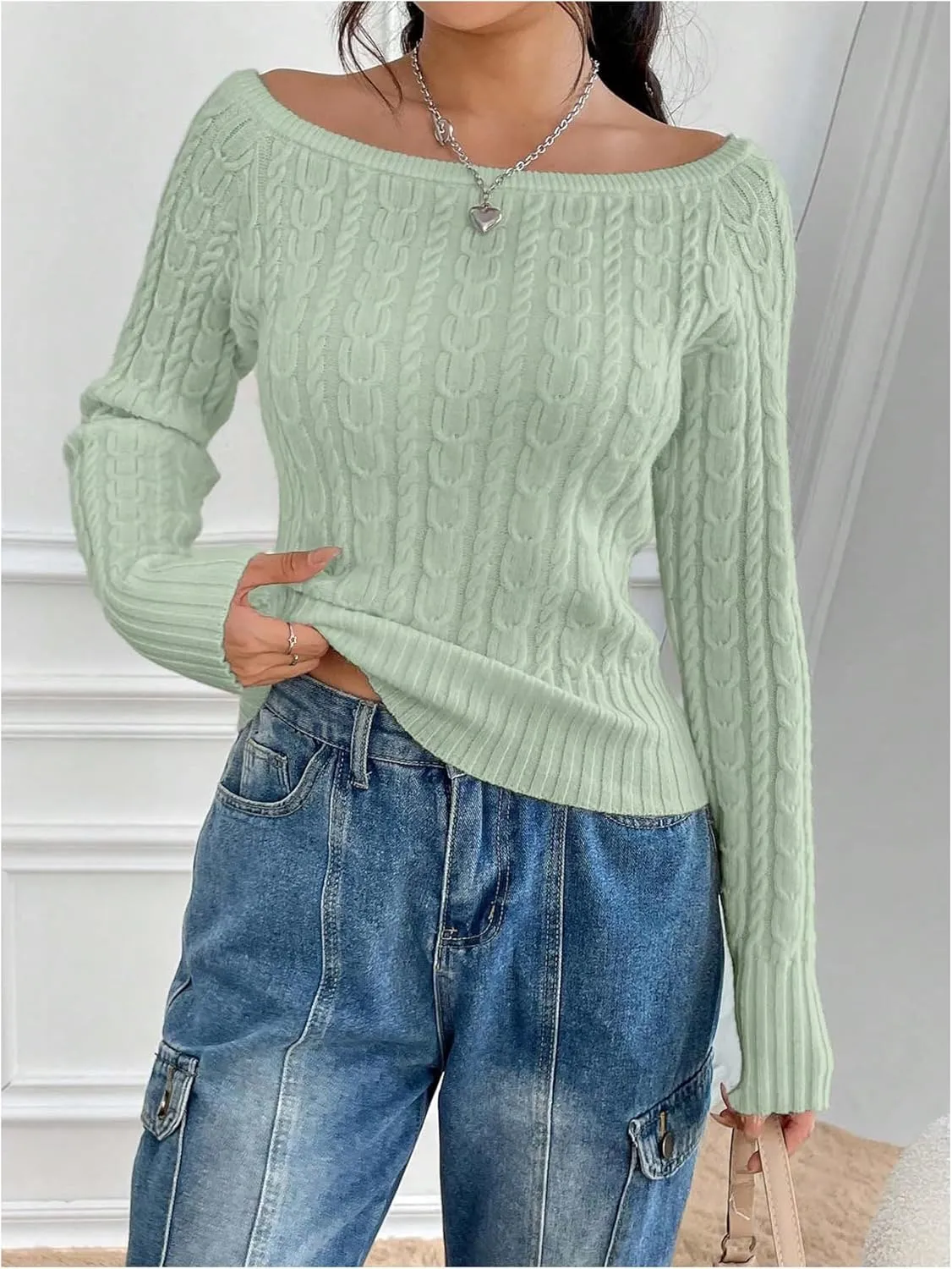 GORGLITTER Women's Off The Shoulder Cable Knit Sweater Long Sleeve Knitted Sweater Pullover Tops