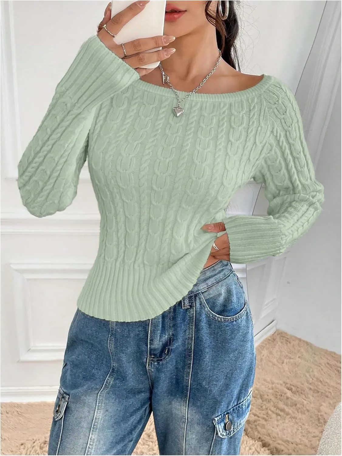 GORGLITTER Women's Off The Shoulder Cable Knit Sweater Long Sleeve Knitted Sweater Pullover Tops