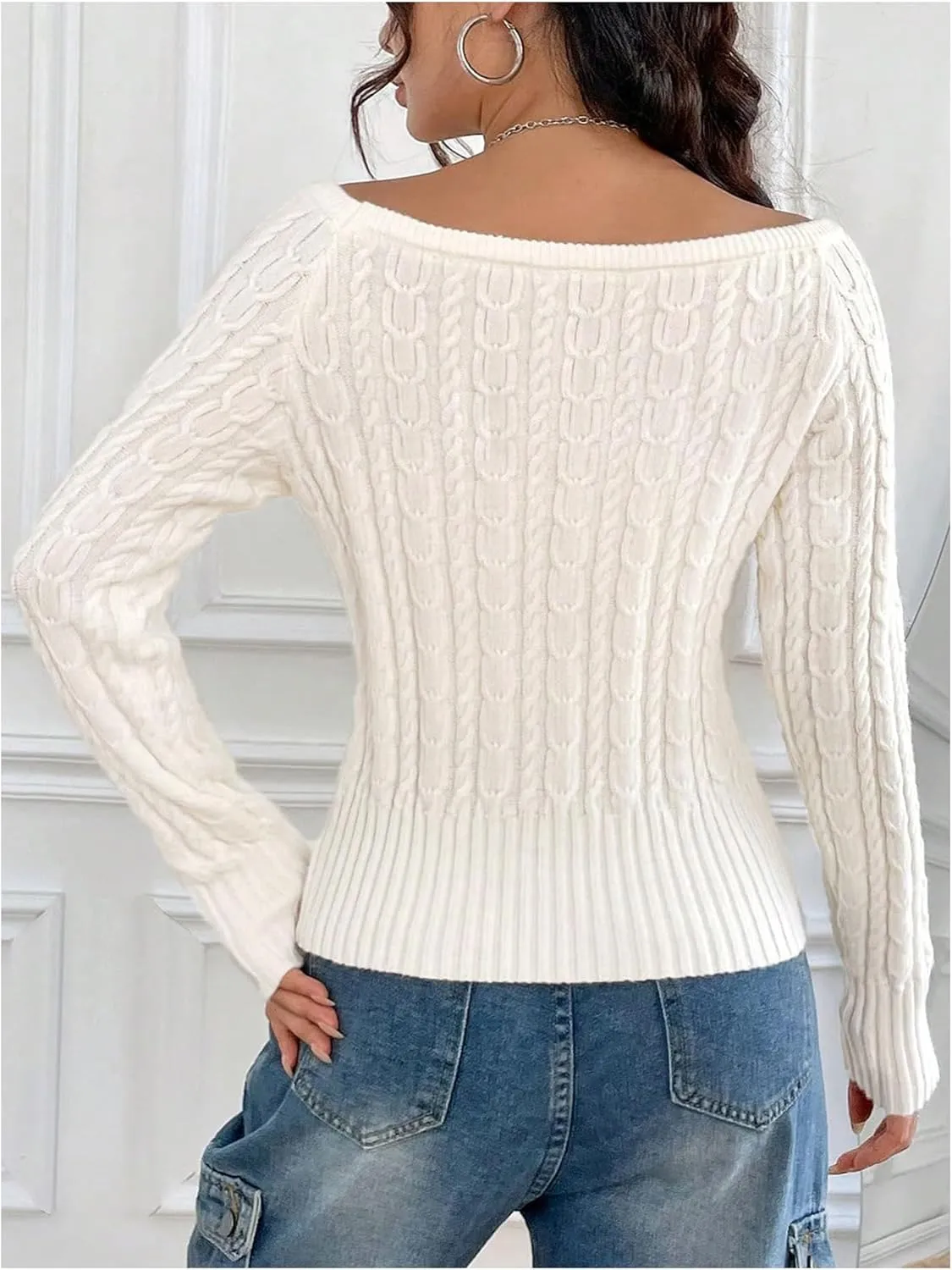 GORGLITTER Women's Off The Shoulder Cable Knit Sweater Long Sleeve Knitted Sweater Pullover Tops