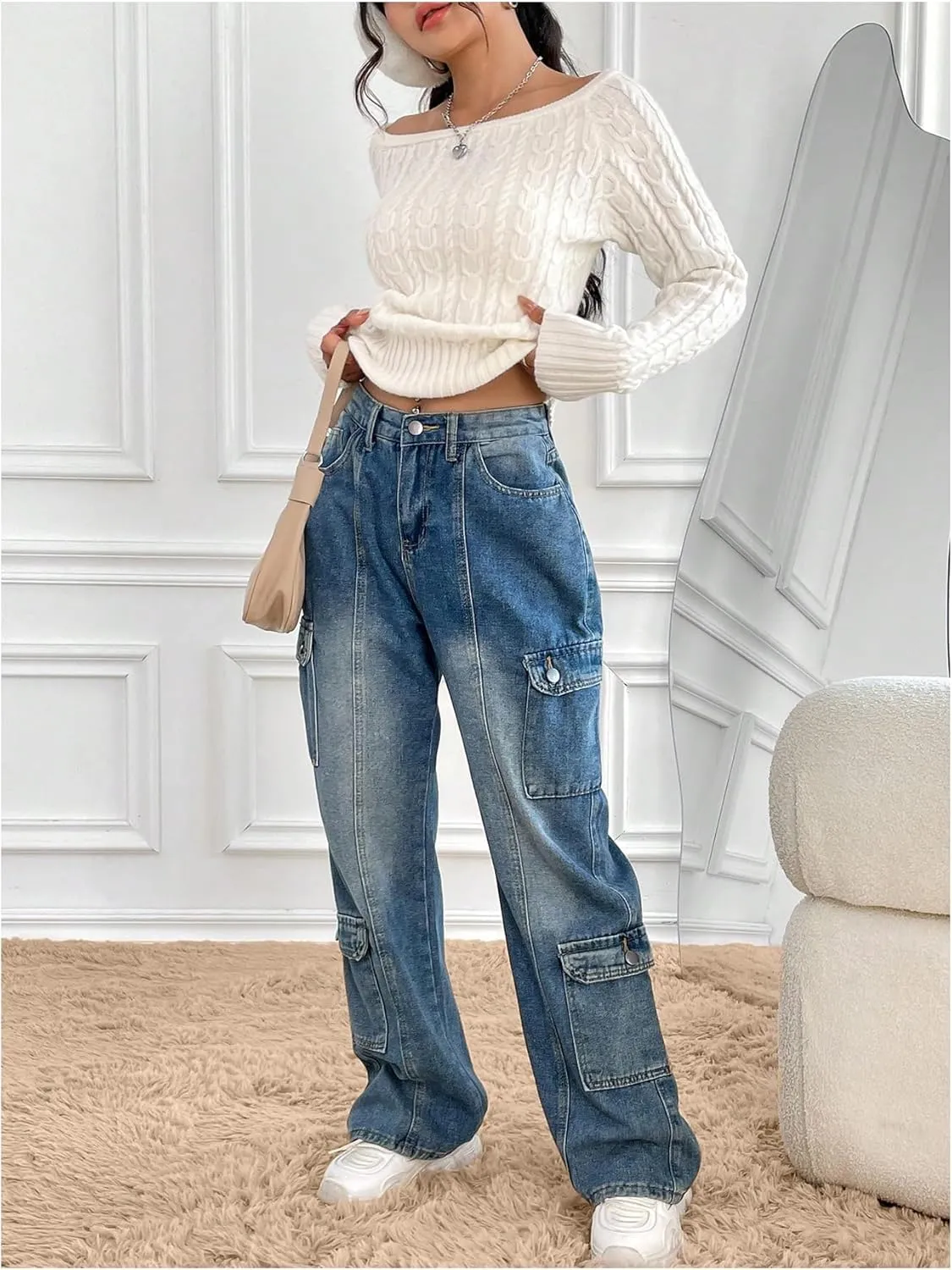 GORGLITTER Women's Off The Shoulder Cable Knit Sweater Long Sleeve Knitted Sweater Pullover Tops