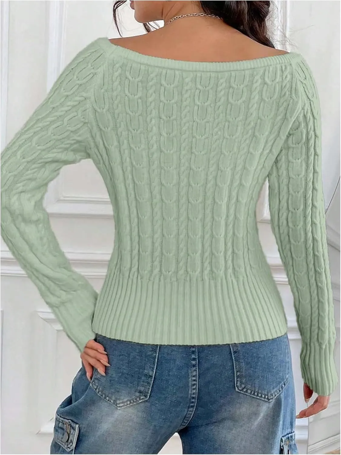 GORGLITTER Women's Off The Shoulder Cable Knit Sweater Long Sleeve Knitted Sweater Pullover Tops