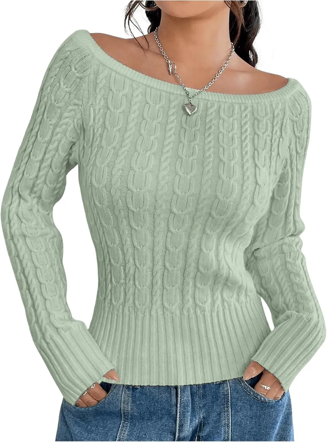 GORGLITTER Women's Off The Shoulder Cable Knit Sweater Long Sleeve Knitted Sweater Pullover Tops