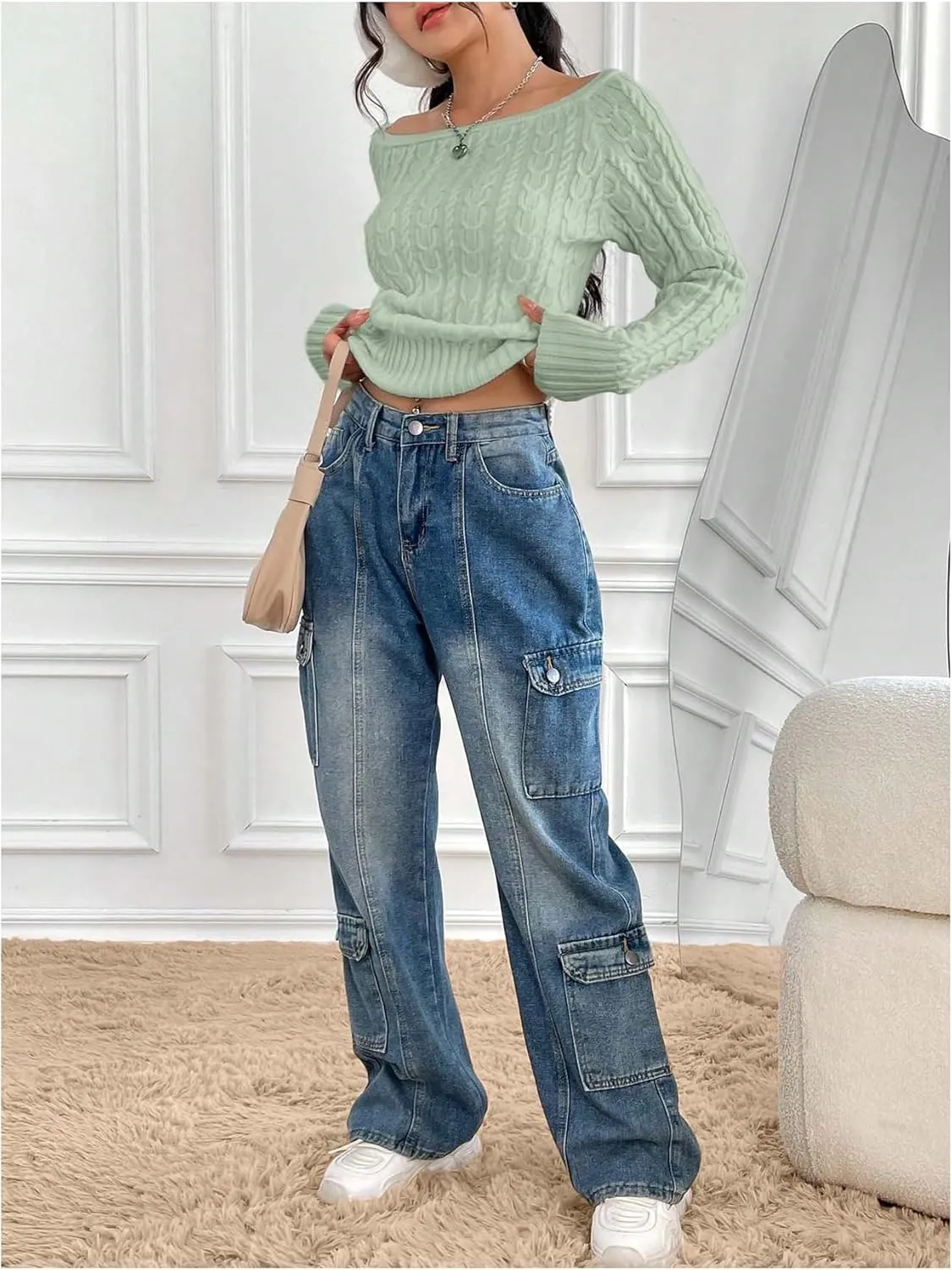 GORGLITTER Women's Off The Shoulder Cable Knit Sweater Long Sleeve Knitted Sweater Pullover Tops
