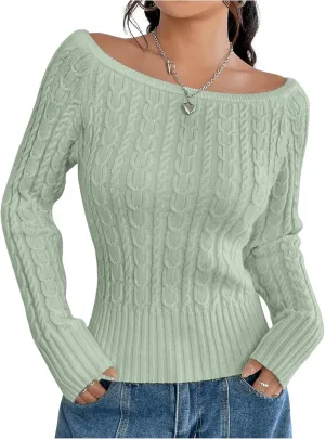 GORGLITTER Women's Off The Shoulder Cable Knit Sweater Long Sleeve Knitted Sweater Pullover Tops