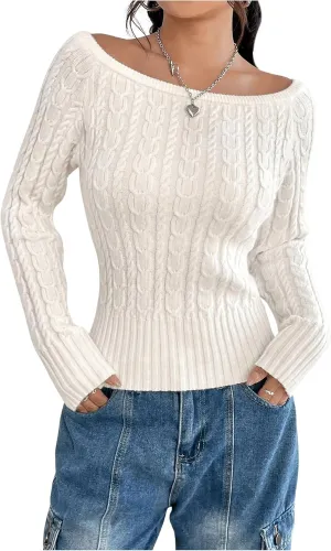 GORGLITTER Women's Off The Shoulder Cable Knit Sweater Long Sleeve Knitted Sweater Pullover Tops
