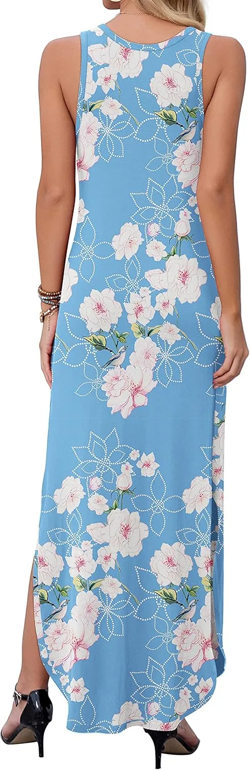 GRECERELLE Women's Sleeveless Summer Long Slit Casual Solid Floral Print Maxi Dress with Pocket