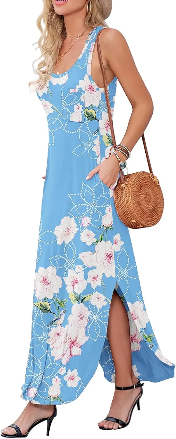 GRECERELLE Women's Sleeveless Summer Long Slit Casual Solid Floral Print Maxi Dress with Pocket