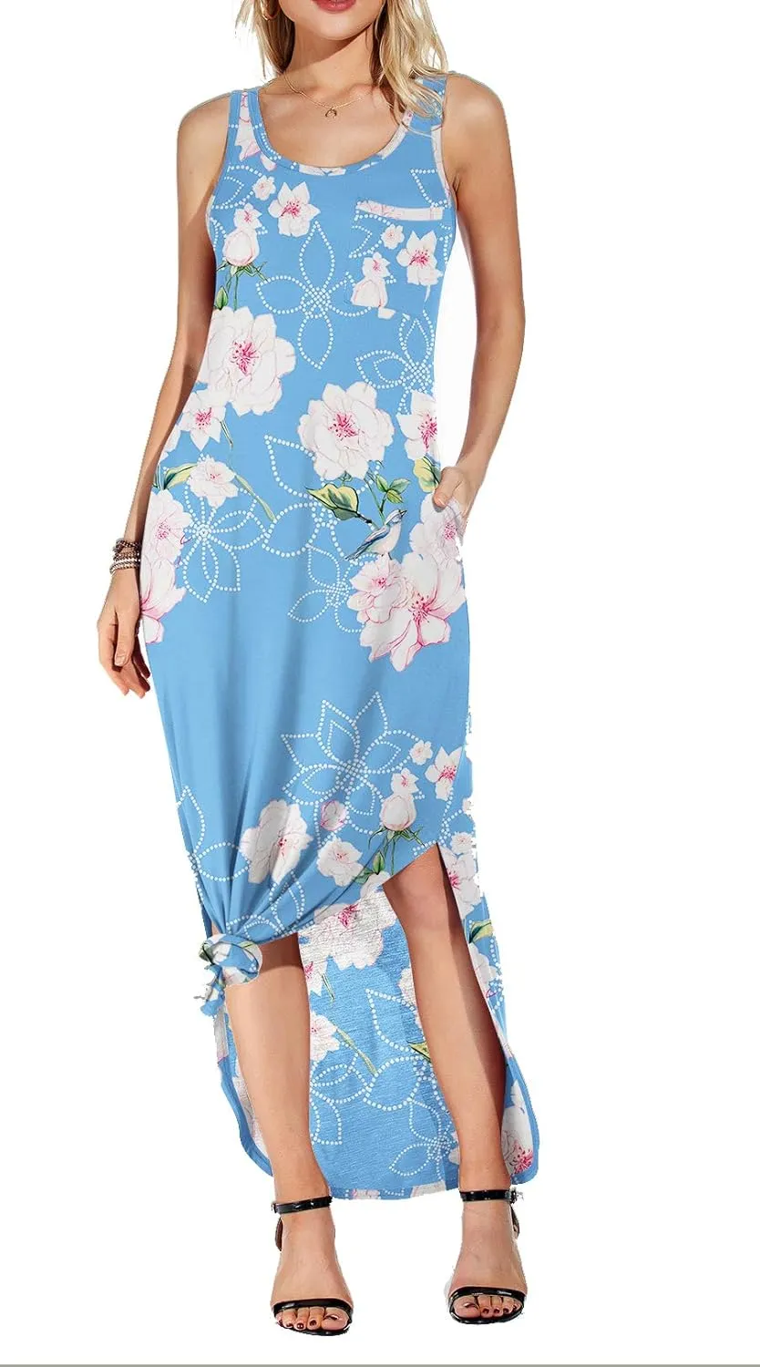 GRECERELLE Women's Sleeveless Summer Long Slit Casual Solid Floral Print Maxi Dress with Pocket
