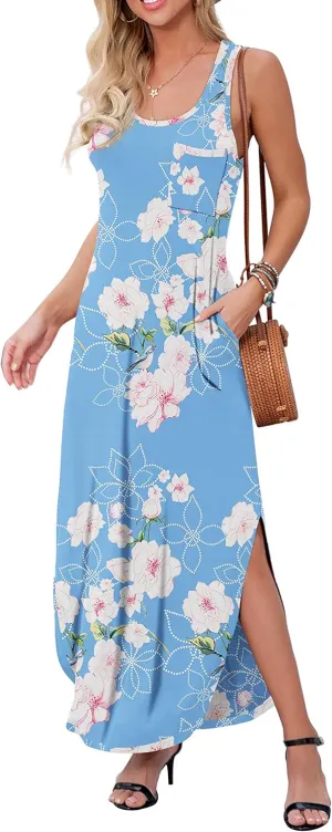 GRECERELLE Women's Sleeveless Summer Long Slit Casual Solid Floral Print Maxi Dress with Pocket
