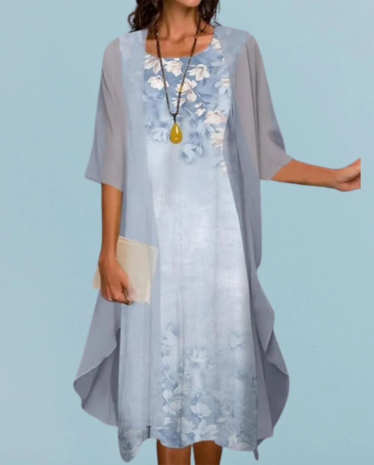Guteidee Two Piece Set Maxi Dress for Womens Chiffon Cardigan Wedding Guest Floral Print Midi Dresses