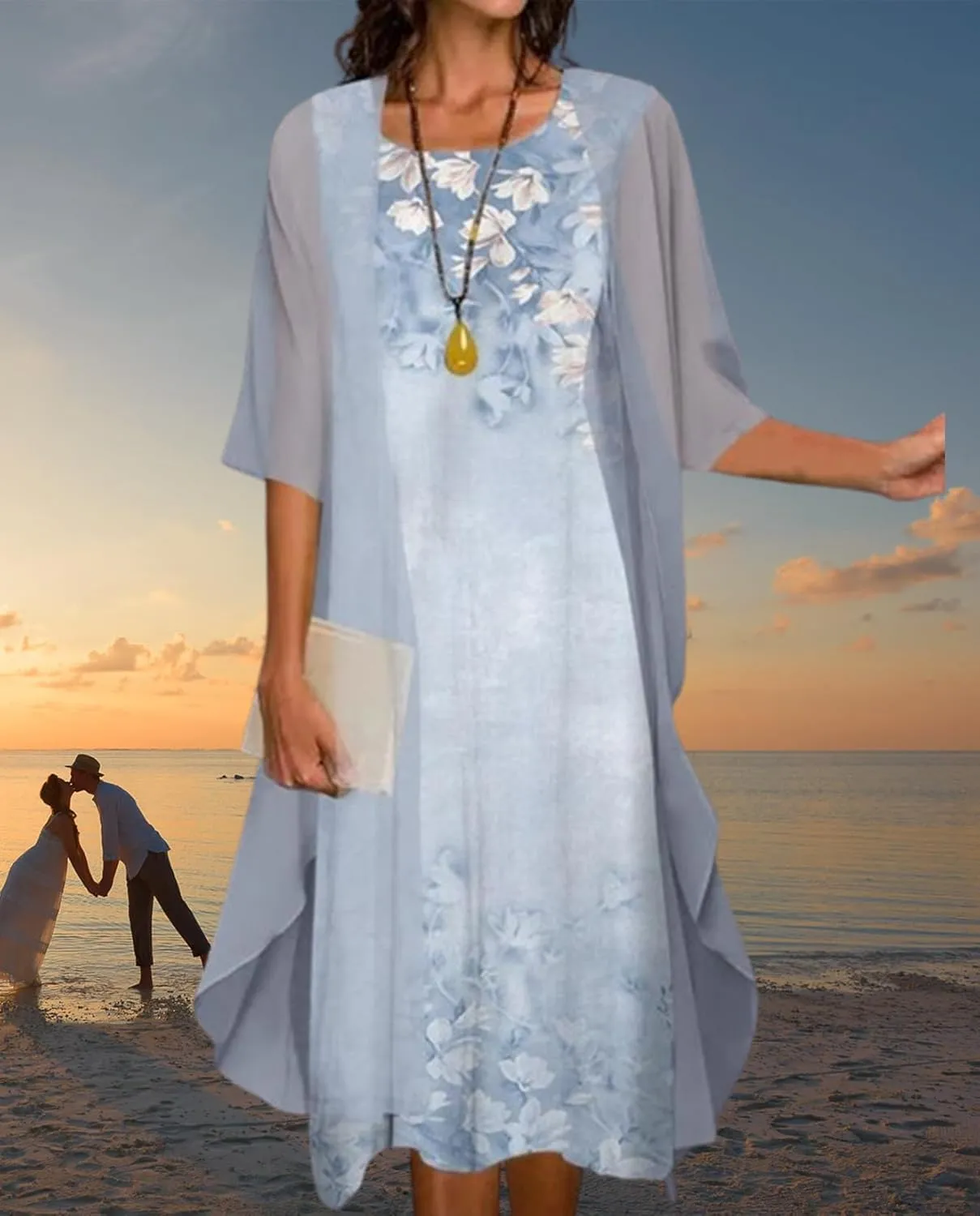 Guteidee Two Piece Set Maxi Dress for Womens Chiffon Cardigan Wedding Guest Floral Print Midi Dresses