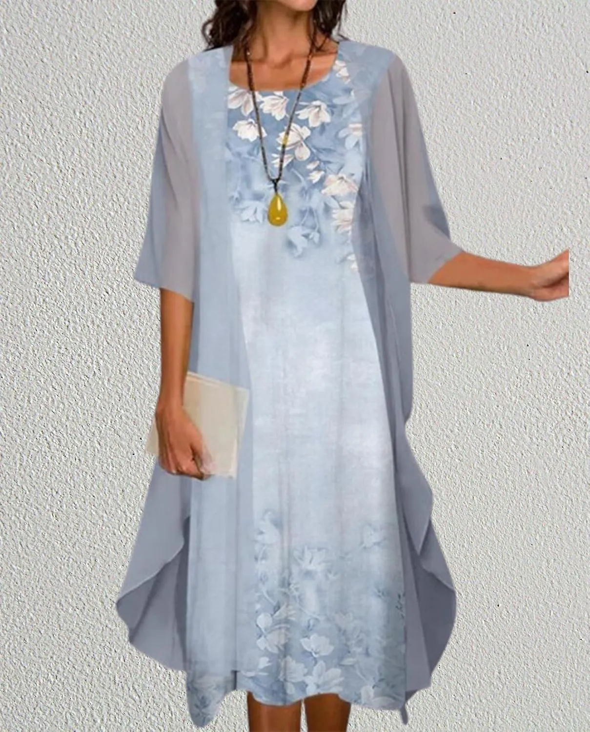 Guteidee Two Piece Set Maxi Dress for Womens Chiffon Cardigan Wedding Guest Floral Print Midi Dresses
