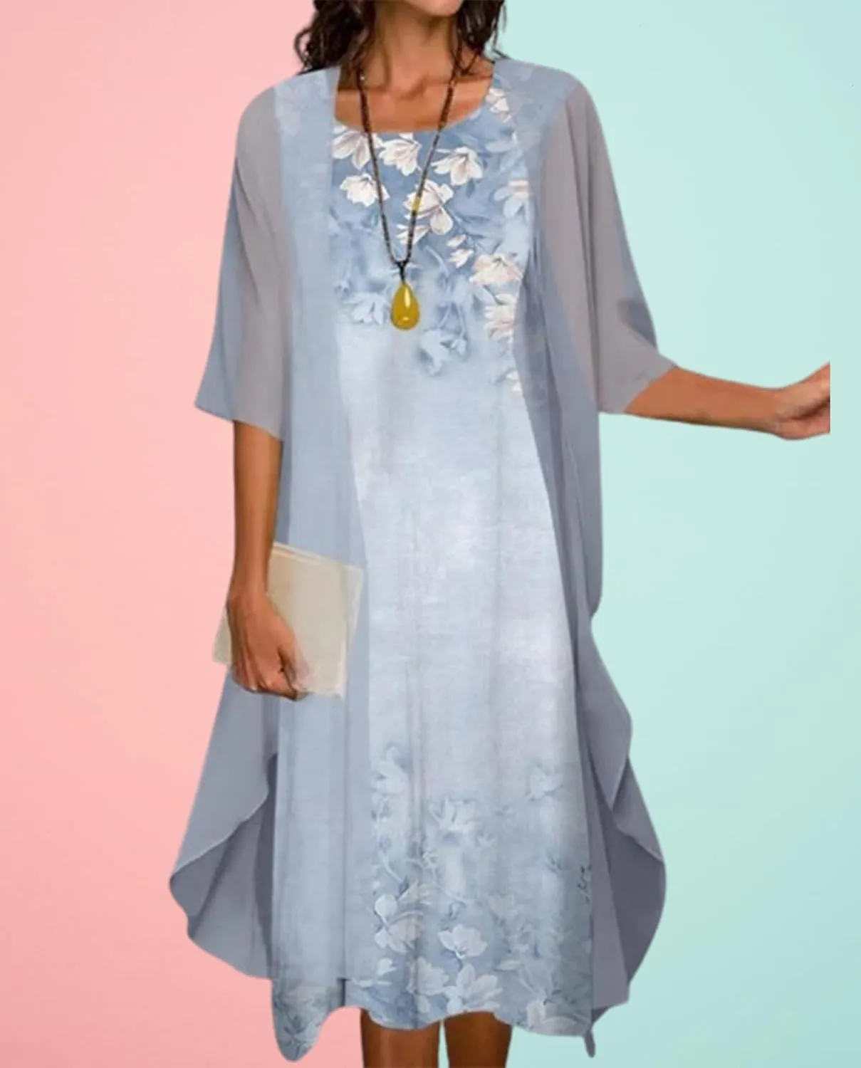 Guteidee Two Piece Set Maxi Dress for Womens Chiffon Cardigan Wedding Guest Floral Print Midi Dresses