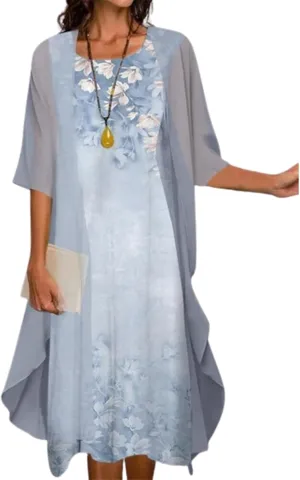 Guteidee Two Piece Set Maxi Dress for Womens Chiffon Cardigan Wedding Guest Floral Print Midi Dresses