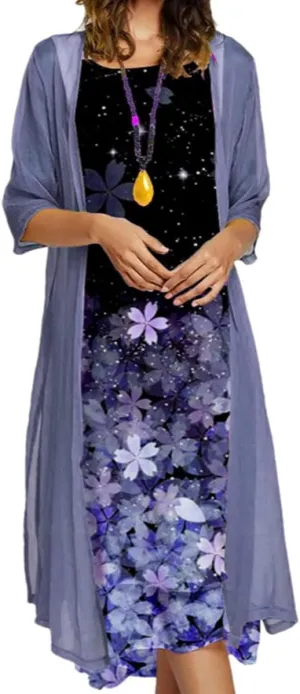Guteidee Womens Two-Piece Set Floral Print Midi Dress with Cardigan Chiffon Sleeveless Plus Size Wedding Guest Dresses
