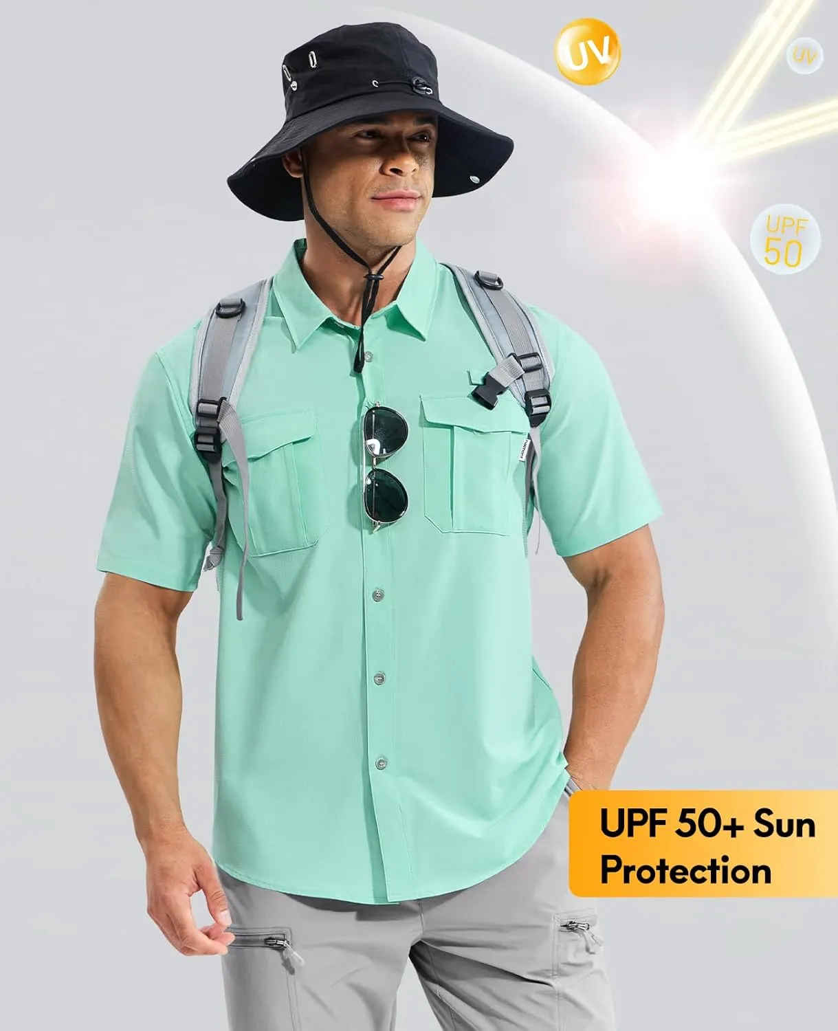 Haimont Men's Sun Protection Shirt Water Resistant Short Sleeve Button Down Shirt Quick Dry Cooling for Hiking Fishing