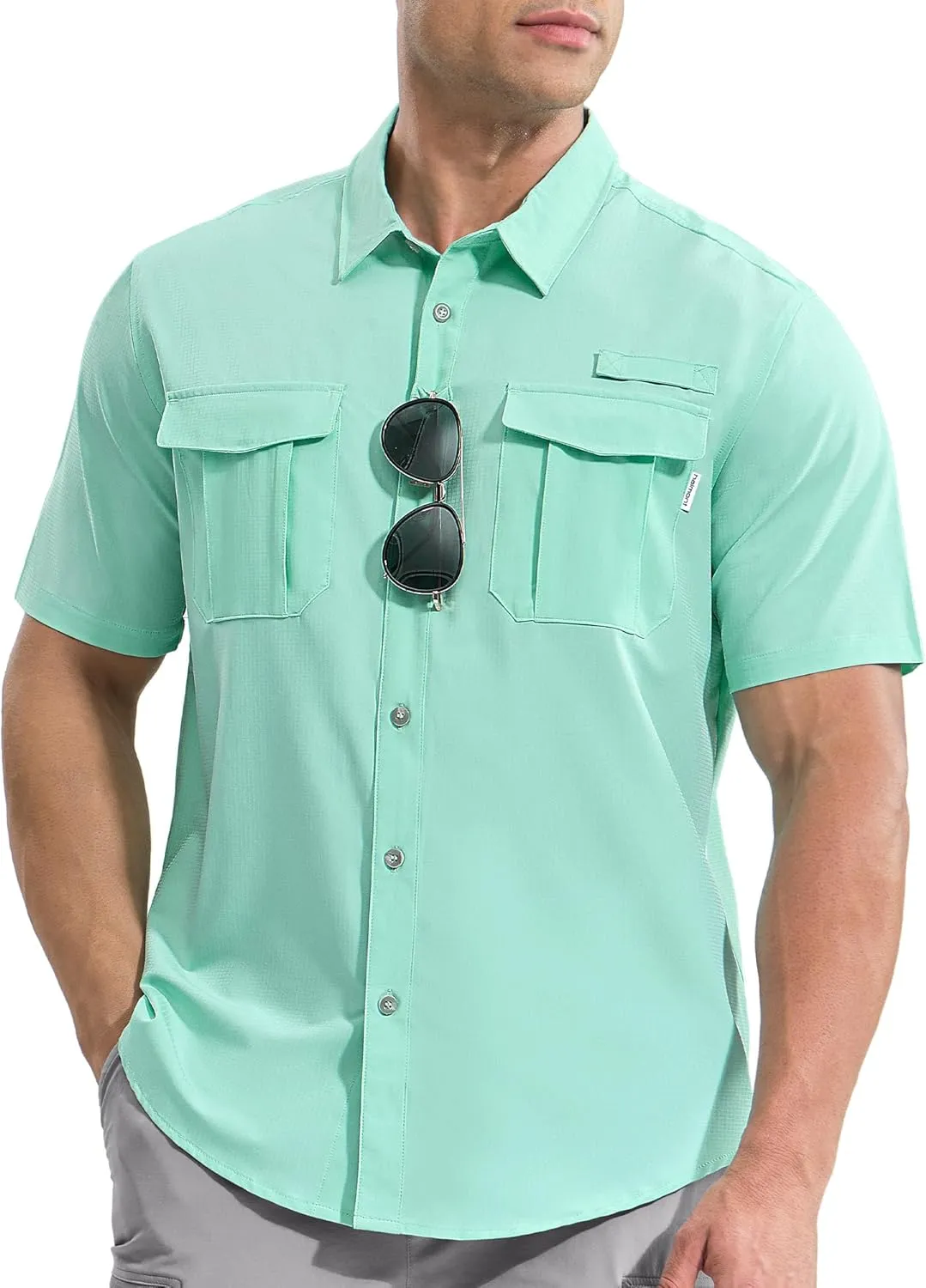 Haimont Men's Sun Protection Shirt Water Resistant Short Sleeve Button Down Shirt Quick Dry Cooling for Hiking Fishing