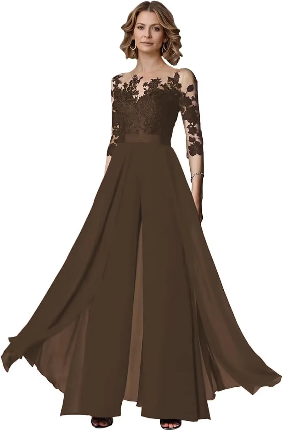 Half Sleeve Chiffon Ruffles Mother of The Bride Pant Suits Lace Applique for Wedding Formal Outfits Women Jumpsuits