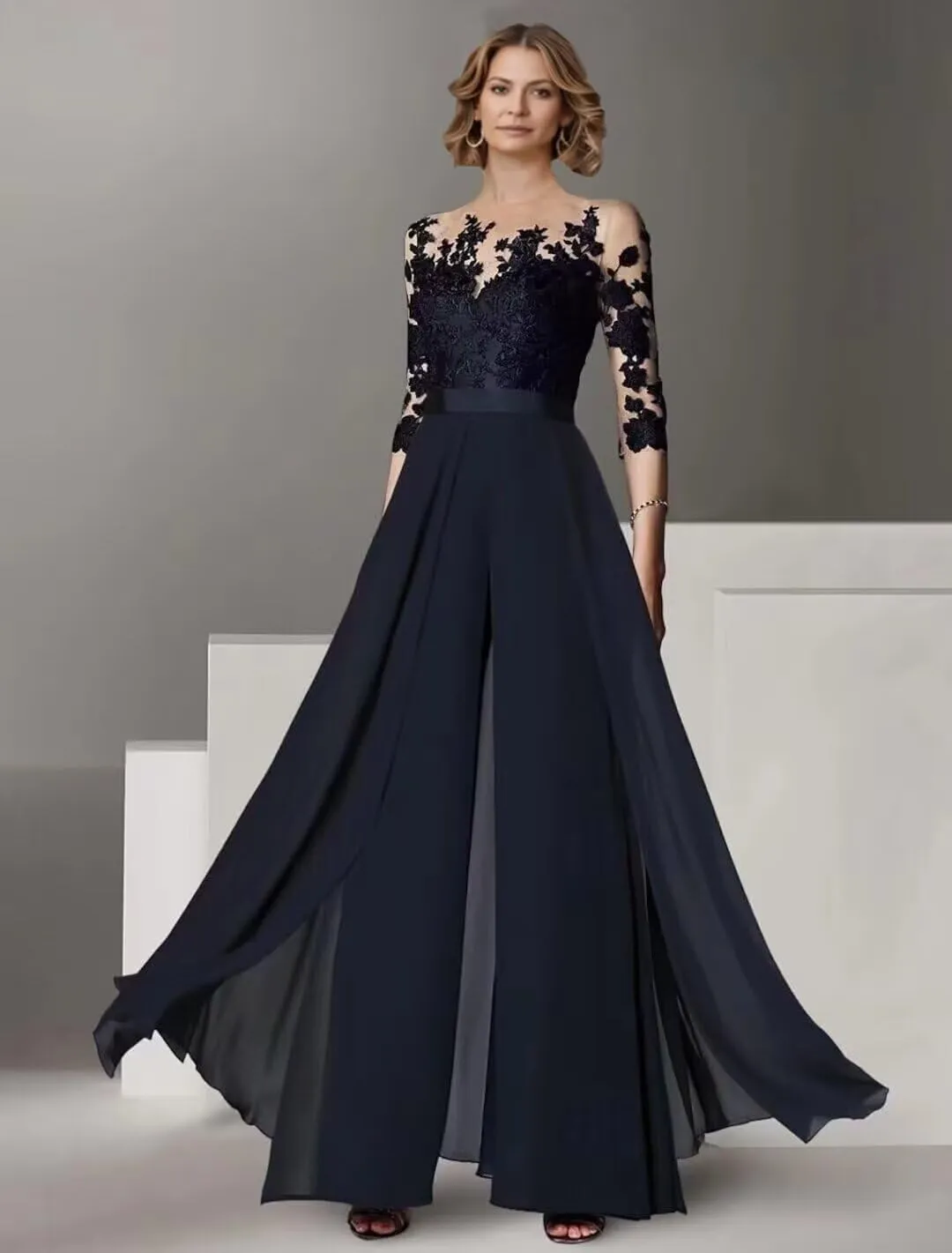 Half Sleeve Chiffon Ruffles Mother of The Bride Pant Suits Lace Applique for Wedding Formal Outfits Women Jumpsuits
