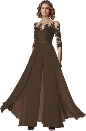 Half Sleeve Chiffon Ruffles Mother of The Bride Pant Suits Lace Applique for Wedding Formal Outfits Women Jumpsuits