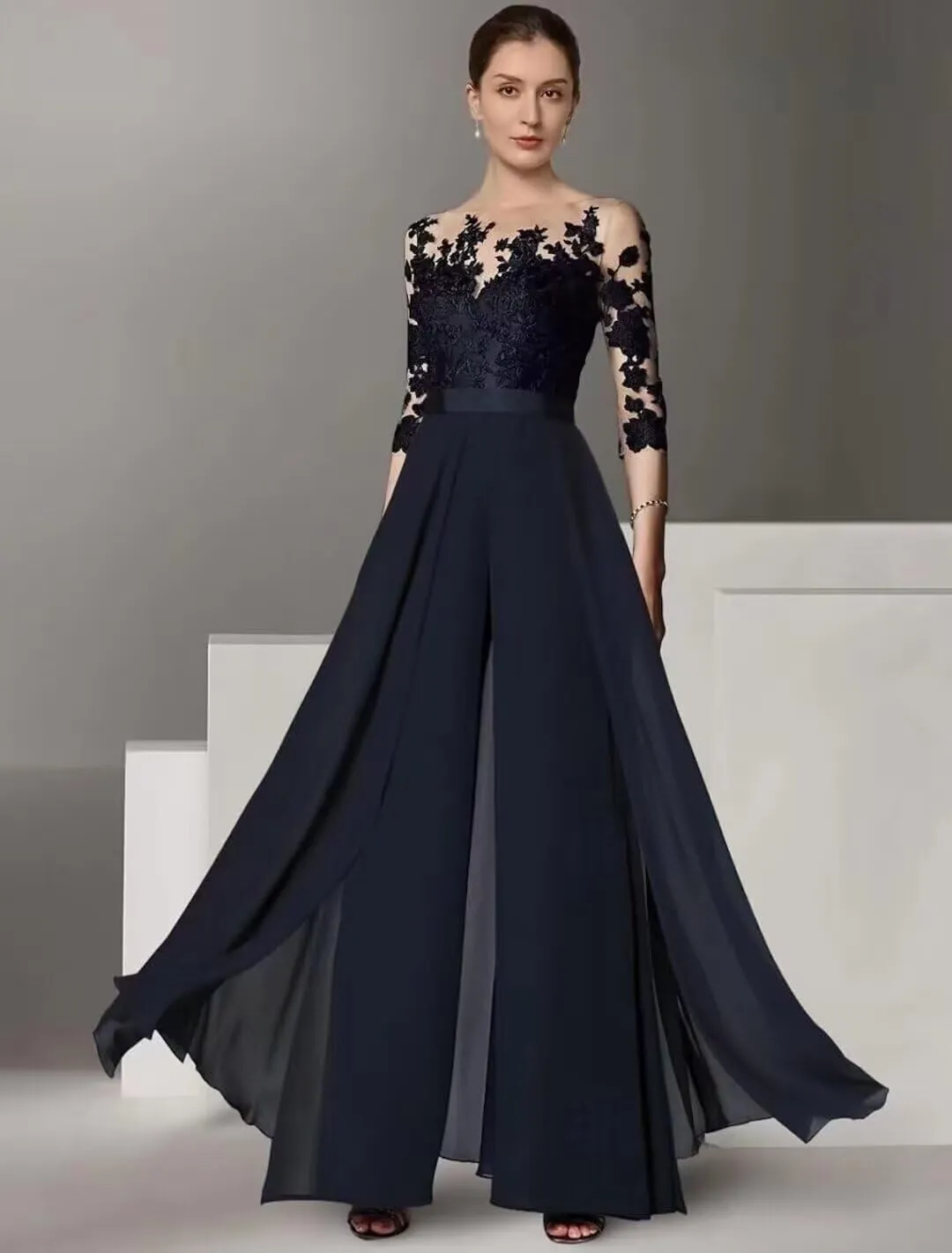 Half Sleeve Chiffon Ruffles Mother of The Bride Pant Suits Lace Applique for Wedding Formal Outfits Women Jumpsuits