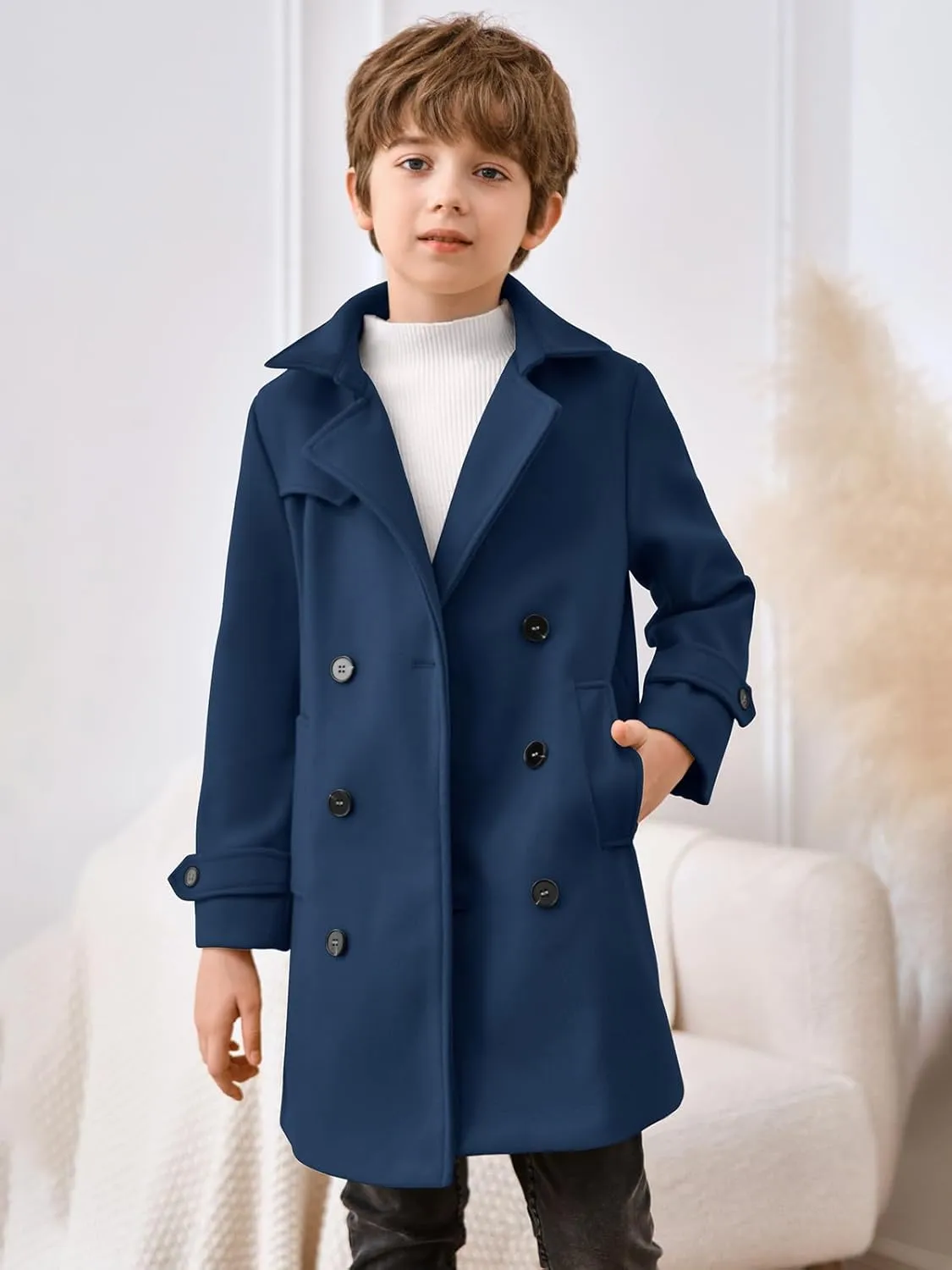 Haloumoning Boys Double Breasted Peacoat Notched Lapel Collar Wool Blend Long Coat with Pockets