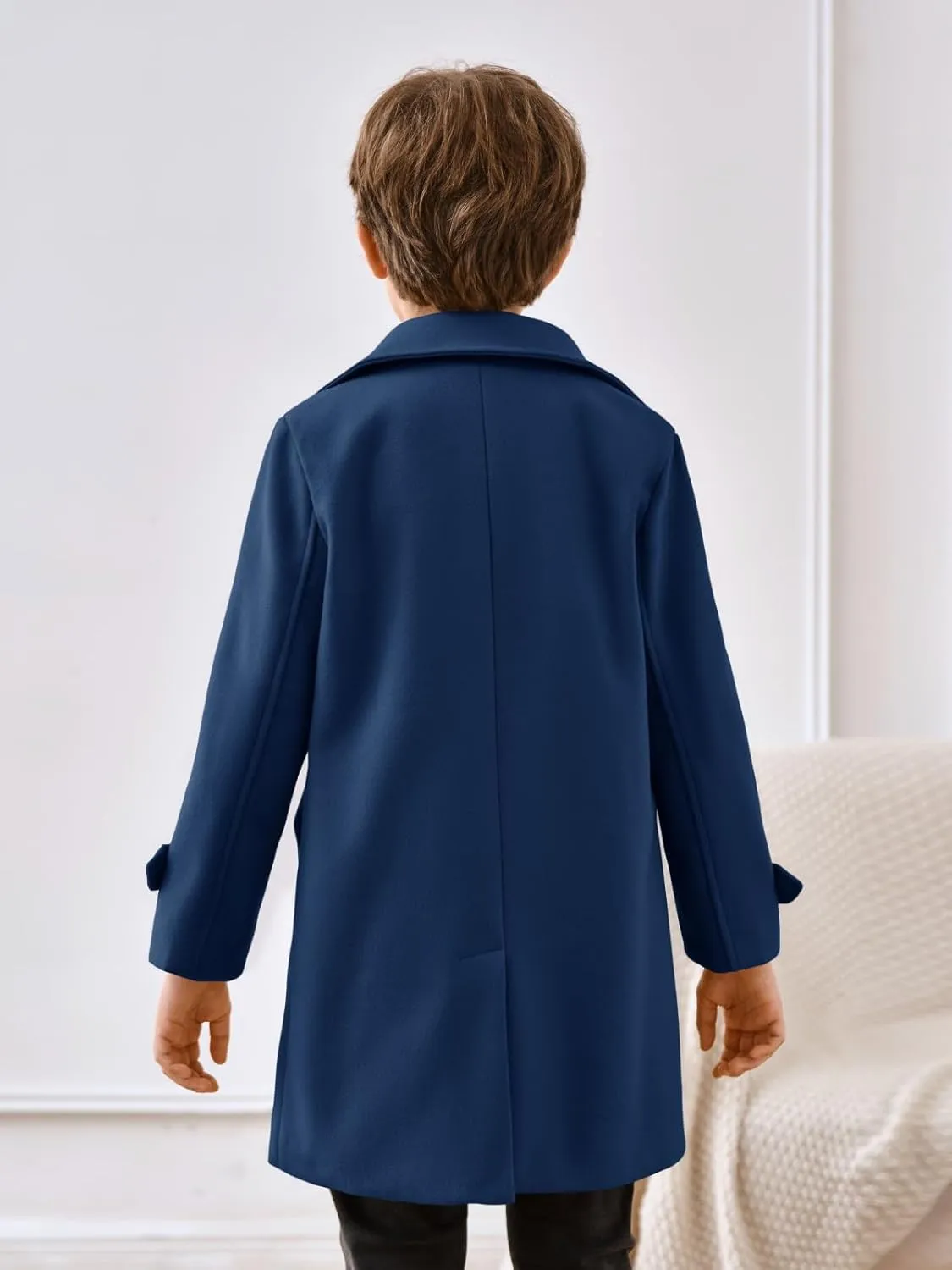 Haloumoning Boys Double Breasted Peacoat Notched Lapel Collar Wool Blend Long Coat with Pockets
