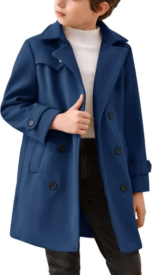 Haloumoning Boys Double Breasted Peacoat Notched Lapel Collar Wool Blend Long Coat with Pockets
