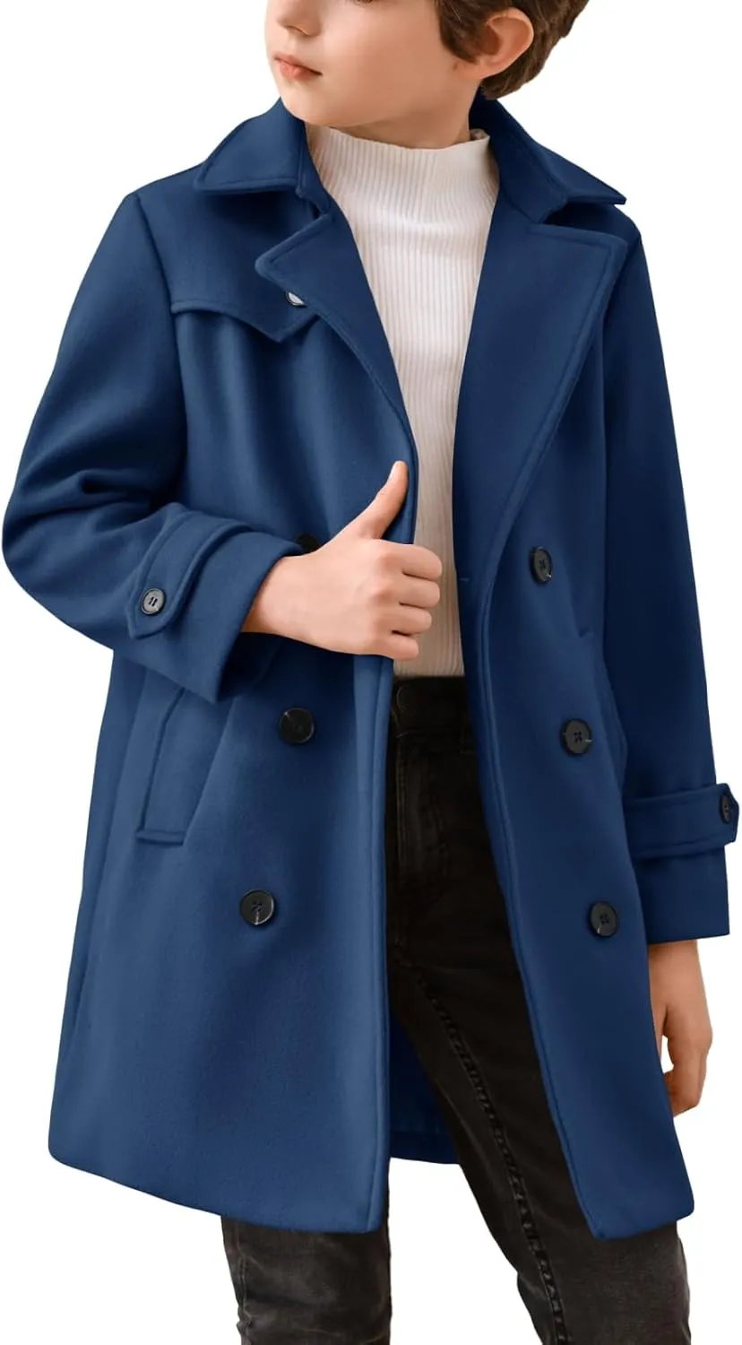 Haloumoning Boys Double Breasted Peacoat Notched Lapel Collar Wool Blend Long Coat with Pockets