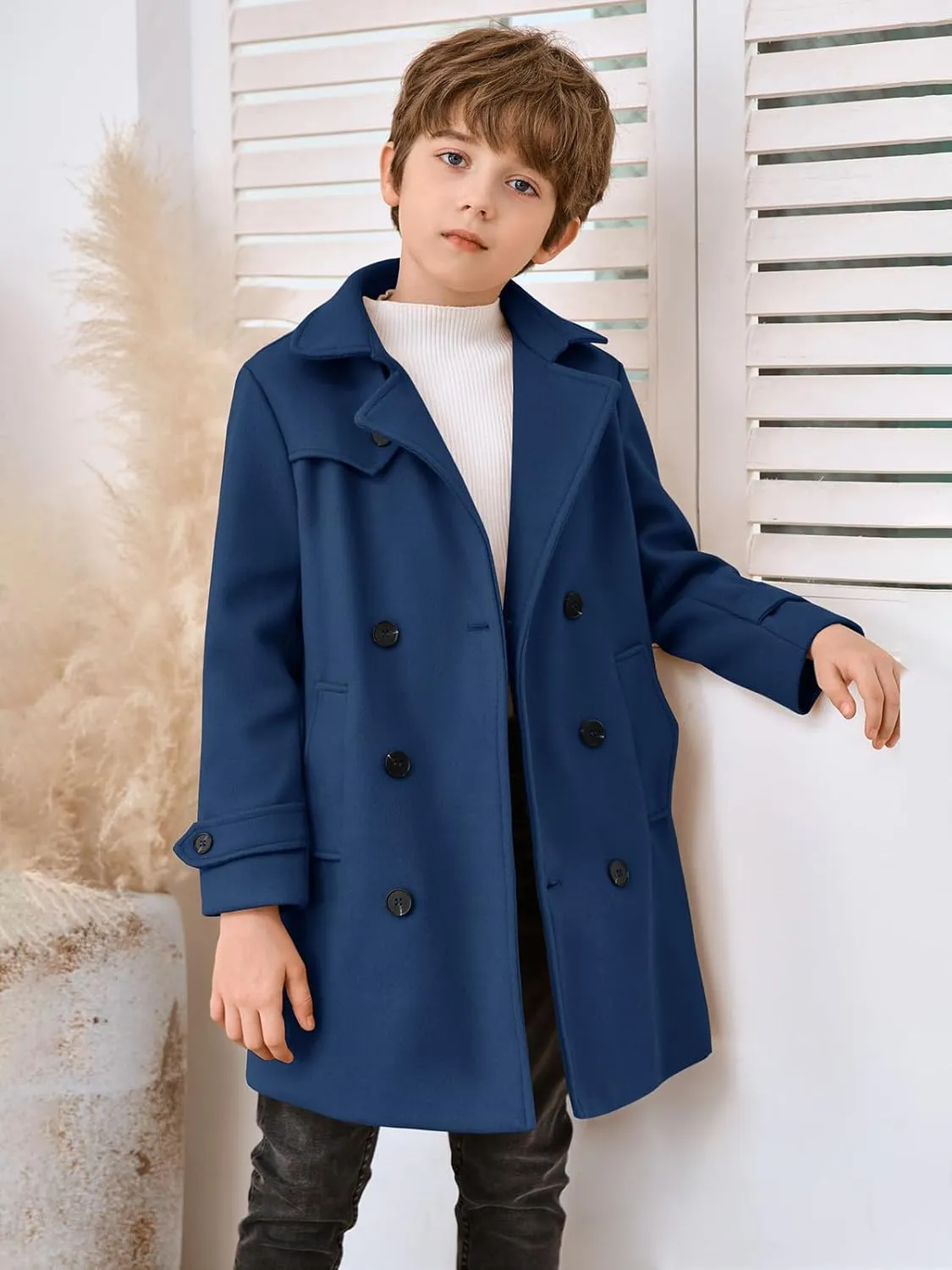 Haloumoning Boys Double Breasted Peacoat Notched Lapel Collar Wool Blend Long Coat with Pockets