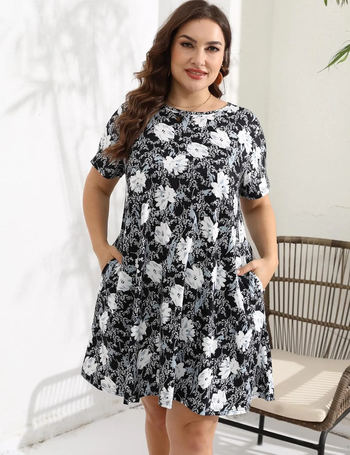 HBEYYTO Women's Plus Size Short Sleeve Loose Dress Casual Swing T Shirt Dresses with Pockets (XL-5XL)