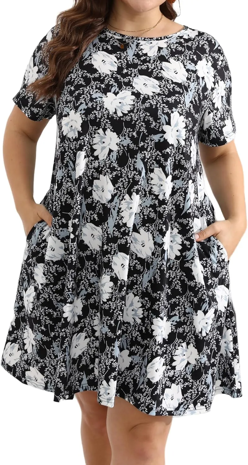 HBEYYTO Women's Plus Size Short Sleeve Loose Dress Casual Swing T Shirt Dresses with Pockets (XL-5XL)