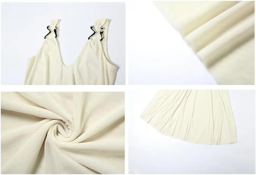 HENGEN 2025 Spring New Sexy Slim Fit V-Neck Backless Camisole Long Skirt Temperament Mesh Dress