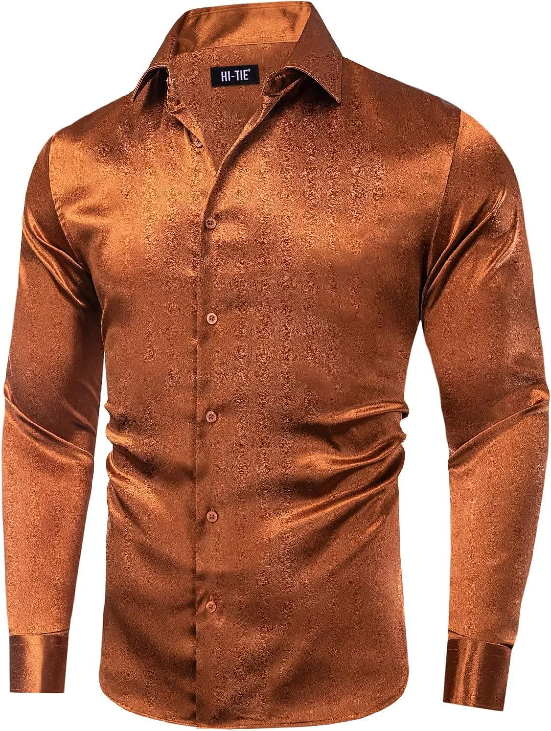 Hi-Tie Mens Long Sleeve Dress Shirt Satin Button Down Casual Prom Wedding Regular Fit Button Up Shirt